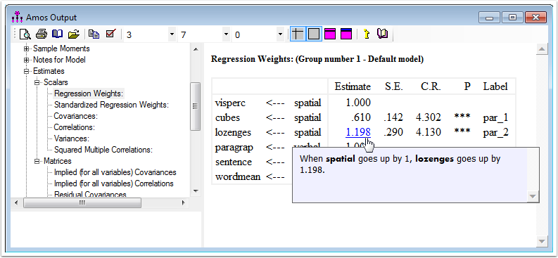 Screenshot of popup help for a regression weight  in the Amos Output window
